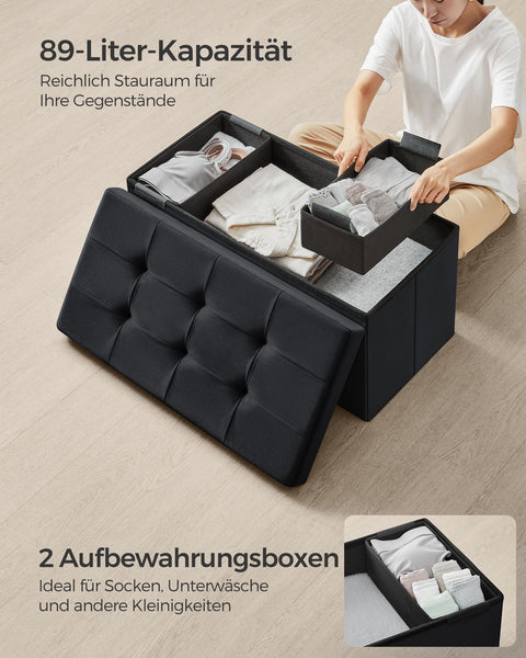 Rootz Velvet Seat Chest - Storage Ottoman - Upholstered Bench - MDF Construction - 38cm x 76cm x 38cm - Ink Black - 89L Capacity