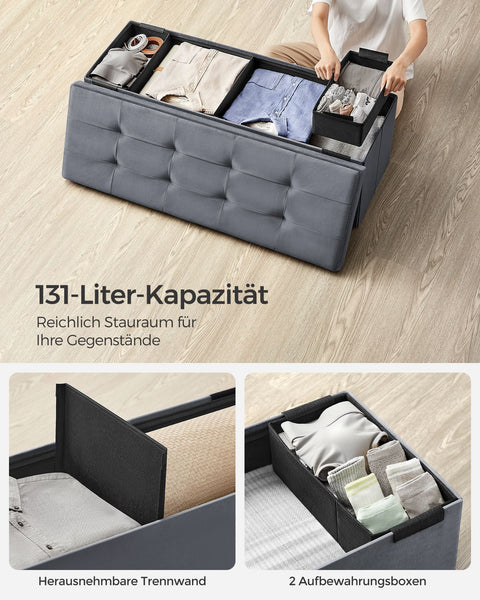 Rootz fluwelen zitkist - opbergpoef - gestoffeerde bank - MDF-constructie - 38 cm x 110 cm x 38 cm - leisteengrijs - capaciteit 131 l - maximale belasting 300 kg