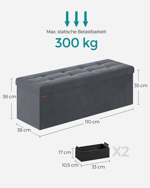 Rootz fluwelen zitkist - opbergpoef - gestoffeerde bank - MDF-constructie - 38 cm x 110 cm x 38 cm - leisteengrijs - capaciteit 131 l - maximale belasting 300 kg