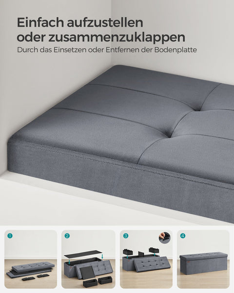 Rootz fluwelen zitkist - opbergpoef - gestoffeerde bank - MDF-constructie - 38 cm x 110 cm x 38 cm - leisteengrijs - capaciteit 131 l - maximale belasting 300 kg