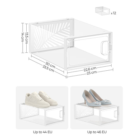 Rootz 12 Pack Shoe Box Set - Clear Storage Containers - Shoe Organizers - PET and ABS Material - 33.5cm x 23cm x 14cm - Inner Size 30cm x 22.6cm x 13.5cm - Lightweight and Durable - Easy Assembly - Keep Shoes Neat and Tidy