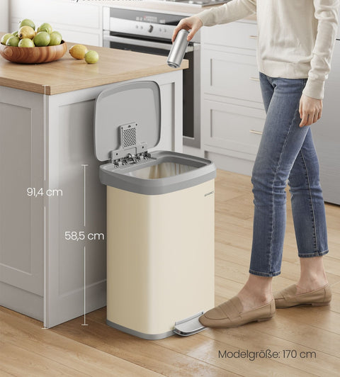 Rootz Kitchen Trash Can with Lid - Waste Bin - Garbage Can - Stainless Steel - Large Capacity - 40.4cm x 38cm x 58.5cm