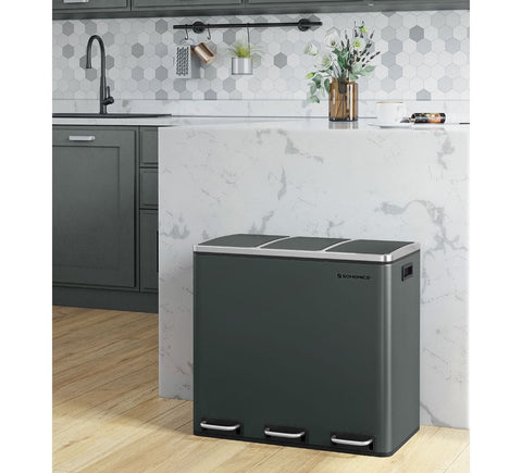 Rootz Pedal Bin with 3 Compartments - Recycling Bin - Sorting Trash Bin - Steel Construction - 61.5cm x 31.5cm x 56cm
