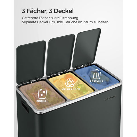 Rootz Pedal Bin with 3 Compartments - Recycling Bin - Sorting Trash Bin - Steel Construction - 61.5cm x 31.5cm x 56cm