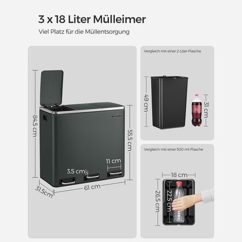 Rootz Pedal Bin with 3 Compartments - Recycling Bin - Sorting Trash Bin - Steel Construction - 61.5cm x 31.5cm x 56cm