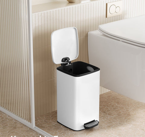 Rootz Cosmetic Bin with Pedal - Steel Bin - Soft Close - White - 23.9cm x 19.3cm x 33.5cm - 8L Capacity - PP Plastic Inner Bucket