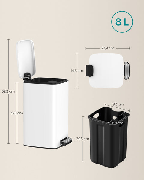 Rootz Cosmetic Bin with Pedal - Steel Bin - Soft Close - White - 23.9cm x 19.3cm x 33.5cm - 8L Capacity - PP Plastic Inner Bucket