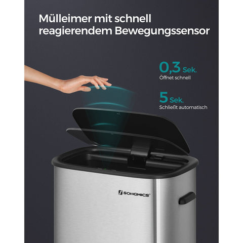 Rootz Sensor Trash Can - Waste Bin - Garbage Can - Silver Stainless Steel - 50 Liters - Hands-Free Operation