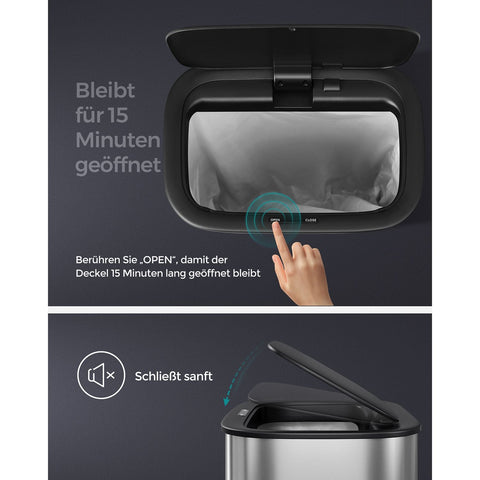 Rootz Sensor Trash Can - Waste Bin - Garbage Can - Silver Stainless Steel - 50 Liters - Hands-Free Operation