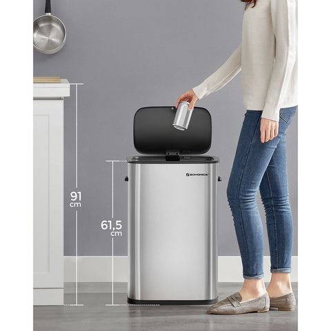 Rootz Sensor Trash Can - Waste Bin - Garbage Can - Silver Stainless Steel - 50 Liters - Hands-Free Operation