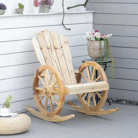 Rootz Rustic Rocking Chair - Garden Chair - Wagon Wheel Design - Weatherproof - Fir Wood - Natural - 68 x 88 x 92 cm