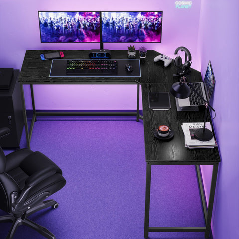Rootz Computer Desk - Workstation - Study Table - Chipboard and Steel - Spacious - Sturdy - Easy Assembly - Ebony Black-Ink Black - 149cm x 149cm x 76cm