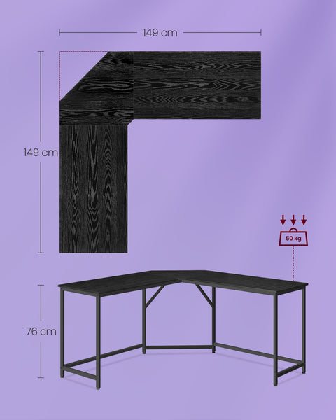 Rootz Computer Desk - Workstation - Study Table - Chipboard and Steel - Spacious - Sturdy - Easy Assembly - Ebony Black-Ink Black - 149cm x 149cm x 76cm