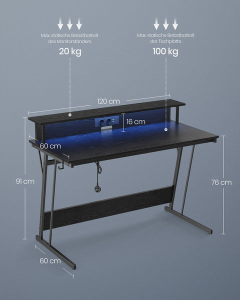 Rootz LED Gaming Table - Lighted Table - Illuminated Gaming Desk - Classic Black - 60cm x 120cm x 76cm - Max. 100kg Load Capacity
