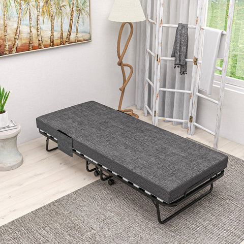 Rootz Folding Guest Bed - Camping Cot - Portable Sleeping Accommodation - Linen-Look Mattress - Steel Frame - 190cm x 80cm x 42cm