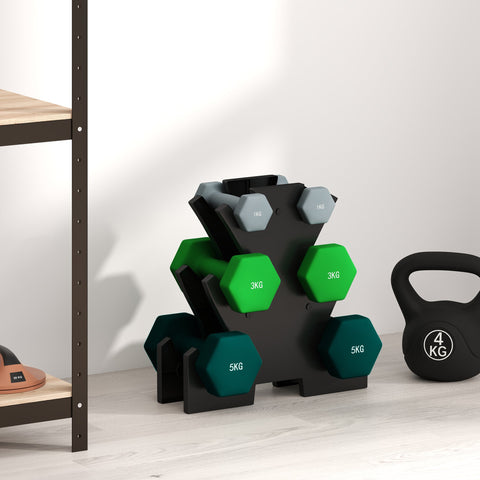 Rootz Dumbbell Set with Rack - Fitness Weights - Training Dumbbells - Anti-Roll Design - 34W x 10D x 34H cm