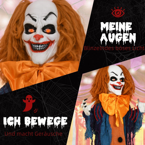 Rootz Halloween Animated Circus Clown Decoration - Spooky Prop - Moving Arms - Glowing Eyes - Clown Sounds - 83cm x 20cm x 168cm