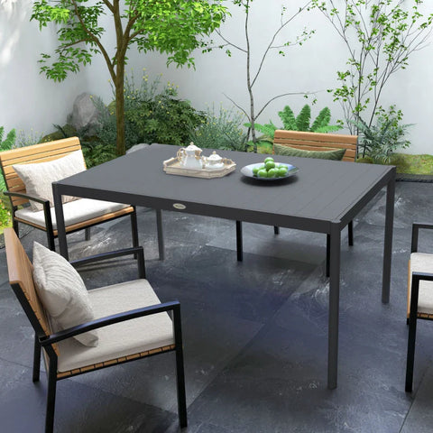 Rootz Garden Dining Table - Outdoor Table - Industrial Design - Weatherproof - Six People - Wood Look -  Better Air Circulation - Aluminum Frame - Dark Gray - 145L x 90W x 74H cm