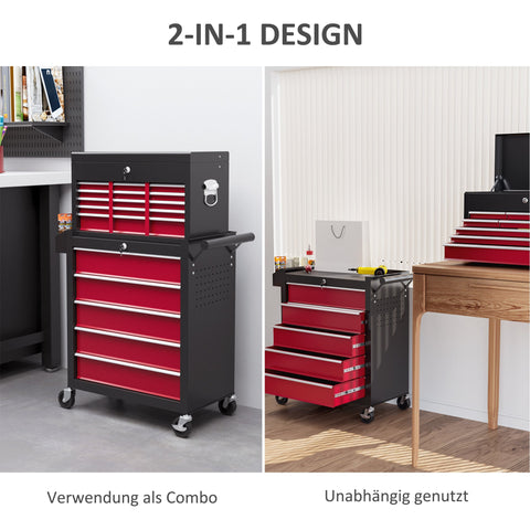 Rootz Tool Trolley - Workshop Trolley - Mobile Tool Chest - Lockable Drawers - Red Steel - 14 Drawers - 60x26x34cm & 76x33x75cm