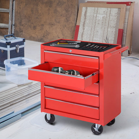 Rootz Rollable Workshop Tool Trolley - Tool Cart - Lockable Storage - 5 Drawers - Steel 69 x 33 x 75 cm - Red-Black