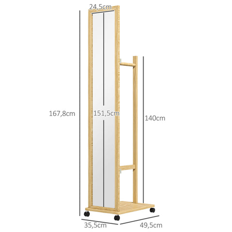 Rootz Standing Mirror on Wheels - Mobile Reflector - Rolling Mirror - Multifunctional Storage - 35.5W x 49.5D x 167.8H cm