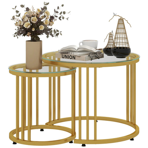 Rootz Round Living Room Set - Gold Coffee Tables - Nesting Tables - Carbon Steel Frames - Tempered Glass Tops - Space-Efficient - Ø60cm x 47cm & Ø40cm x 42cm