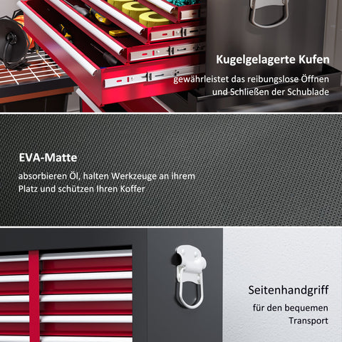 Rootz Tool Trolley - Workshop Trolley - Mobile Tool Chest - Lockable Drawers - Red Steel - 14 Drawers - 60x26x34cm & 76x33x75cm