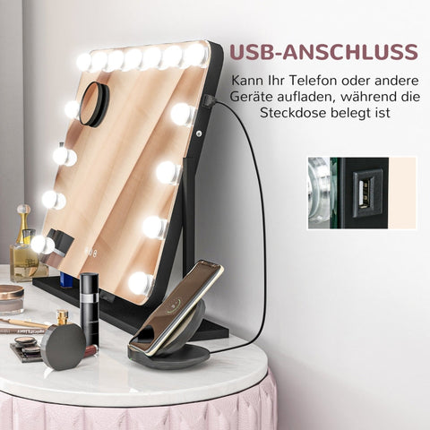 Rootz LED Hollywood Makeup Mirror - Cosmetic Vanity Mirror - Table Mirror - 14 LED Lights - Adjustable Brightness - Cell Phone Holder - USB Port - 62.5cm x 49.5cm x 14cm
