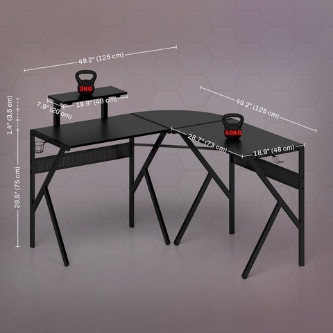 Rootz Gaming Desk - Corner Desk - Gamer Desk - Carbon Fiber Board - 125cm x 125cm x 75cm - Includes Screen Holder & Headphone Hook
