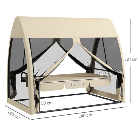 Rootz 3 Seater Patio Swing - Porch Swing with Bed Function - Mosquito-Protected Swing - Steel Frame - 240cm x 140cm x 197cm