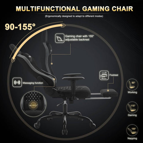 Rootz Massage Gaming Chair - Ergonomic Gamer Chair - Lumbar Support - Breathable Tech Fabric - Adjustable Armrests - 50cm x 48cm x 75.5cm
