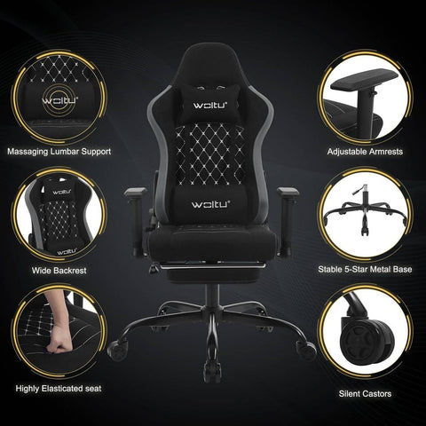 Rootz Massage Gaming Chair - Ergonomic Gamer Chair - Lumbar Support - Breathable Tech Fabric - Adjustable Armrests - 50cm x 48cm x 75.5cm