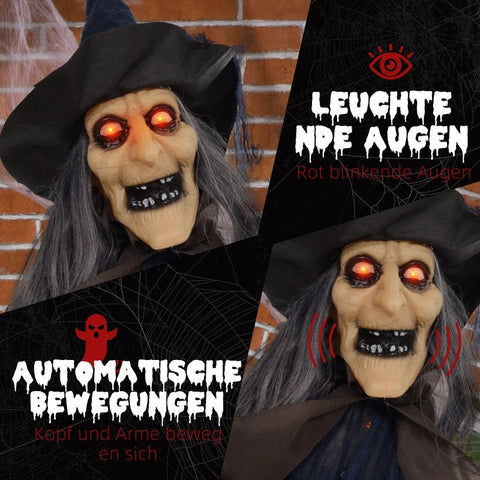 Rootz Animated Halloween Decoration - Witch on Broomstick - Spooky Prop - Glowing Eyes - Pumpkin - 107cm x 65cm x 190cm