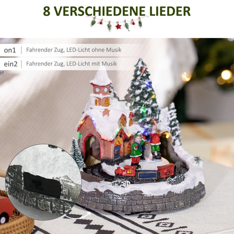 Rootz Christmas Village Decor - LED Illuminated Holiday Scene - Church, Trees, Moving Train - 12 Built-in Lights and 8 Songs - 20cm x 19.5cm x 20cm