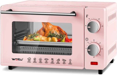 Rootz 10L Mini Oven - Compact Electric Oven - Energy-Efficient Cooker - Ideal for 1-2 People - 36.5x22.1x28.5 cm - Pink/Red & Black/White - 650W