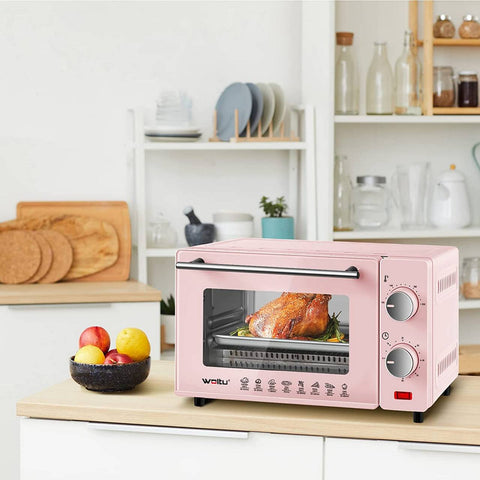 Rootz 10L Mini Oven - Compact Electric Oven - Energy-Efficient Cooker - Ideal for 1-2 People - 36.5x22.1x28.5 cm - Pink/Red & Black/White - 650W
