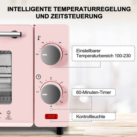 Rootz 10L Mini Oven - Compact Electric Oven - Energy-Efficient Cooker - Ideal for 1-2 People - 36.5x22.1x28.5 cm - Pink/Red & Black/White - 650W