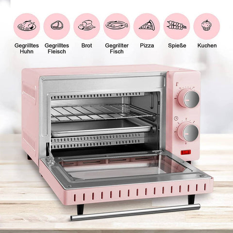 Rootz 10L Mini Oven - Compact Electric Oven - Energy-Efficient Cooker - Ideal for 1-2 People - 36.5x22.1x28.5 cm - Pink/Red & Black/White - 650W