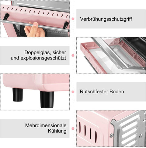 Rootz 10L Mini Oven - Compact Electric Oven - Energy-Efficient Cooker - Ideal for 1-2 People - 36.5x22.1x28.5 cm - Pink/Red & Black/White - 650W