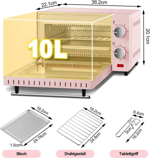 Rootz 10L Mini Oven - Compact Electric Oven - Energy-Efficient Cooker - Ideal for 1-2 People - 36.5x22.1x28.5 cm - Pink/Red & Black/White - 650W