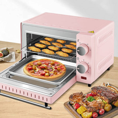 Rootz 10L Mini Oven - Compact Electric Oven - Energy-Efficient Cooker - Ideal for 1-2 People - 36.5x22.1x28.5 cm - Pink/Red & Black/White - 650W