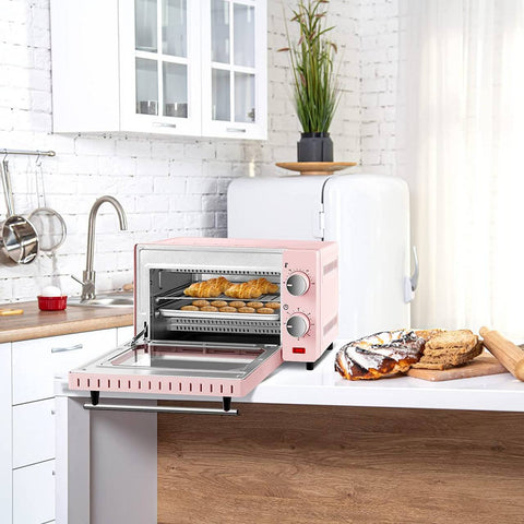Rootz 10L Mini Oven - Compact Electric Oven - Energy-Efficient Cooker - Ideal for 1-2 People - 36.5x22.1x28.5 cm - Pink/Red & Black/White - 650W