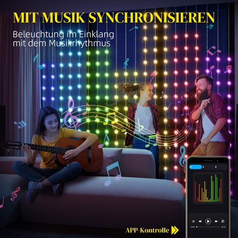 Rootz Curtain with 400 LED Lights - String Lights - Dynamic Lighting - Music Sync - Wi-Fi Control - 300cm x 300cm