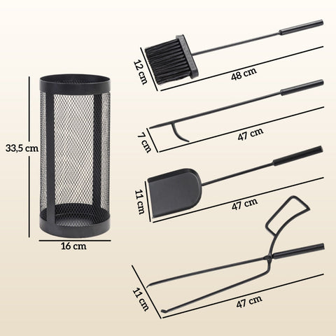 Rootz Fireplace Cutlery Set - 5-Piece Fire Tool Accessories - Metal Construction - Black Coating - Space-Saving Design - 33.5cm x 16cm x 47cm