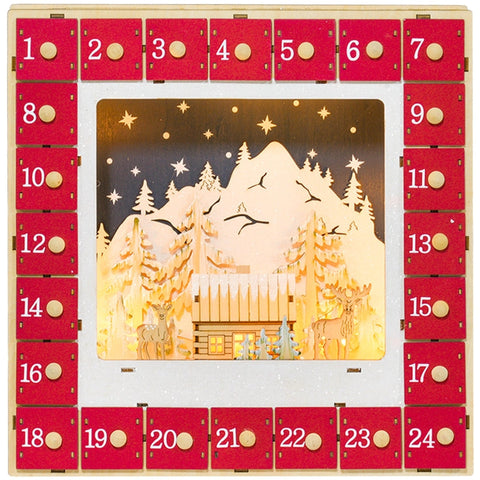 Rootz Christmas Advent Calendar - LED Lit - Large Drawers - Festive Decor - MDF - 34cm x 7cm x 34cm