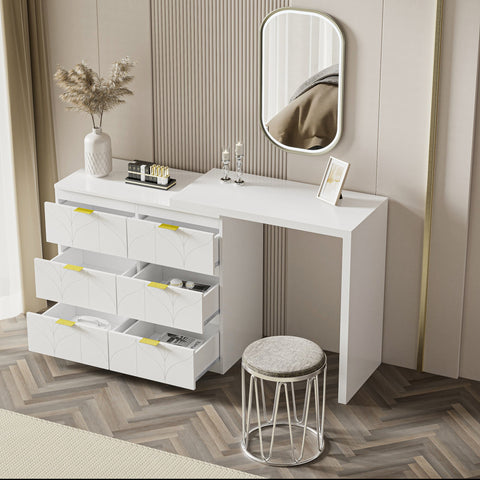 Rootz Dressing Table with Side Table - Vanity Desk - Bedroom Storage - Rotating Top, 6 Drawers, Gold-Plated Handles - 160.2L×40W×76.5Hcm