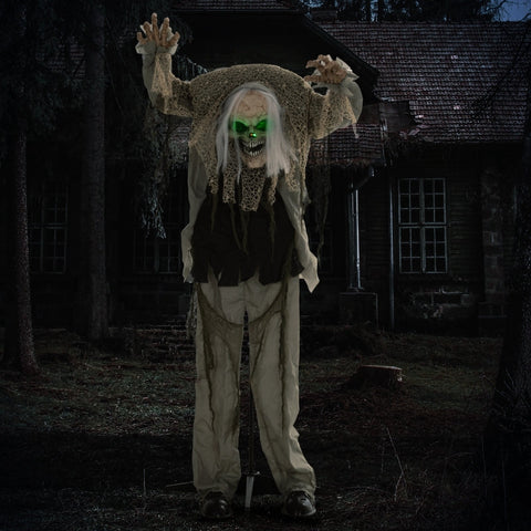Rootz Animated Halloween Decoration - Skeleton Ghost - Bendable Arms - Green Glowing Head - Eerie Howls - 65cm x 30cm x 160cm