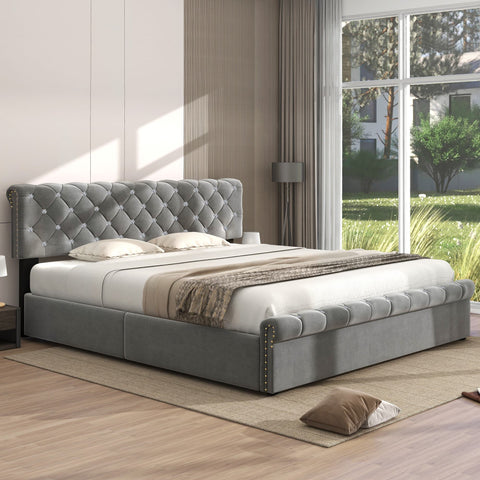 Rootz Upholstered Bed - Height-Adjustable Headboard - Slatted Frame - Comfort Back Support - 219cm x 169cm x 92/97/105cm - Grey Velvet