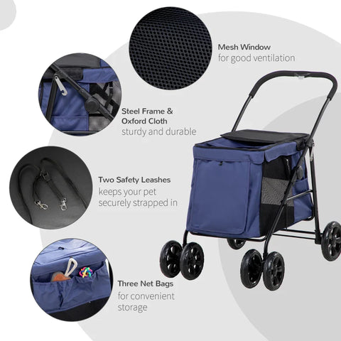 Rootz kinderwagen voor huisdieren - opvouwbare honden- en kattenwagen - reiswagen voor huisdieren met 4 wielen - kussen - veiligheidslijnen - opbergzakken - voor kleine en middelgrote honden - donkerblauw - 102 cm x 62 cm x 105 cm