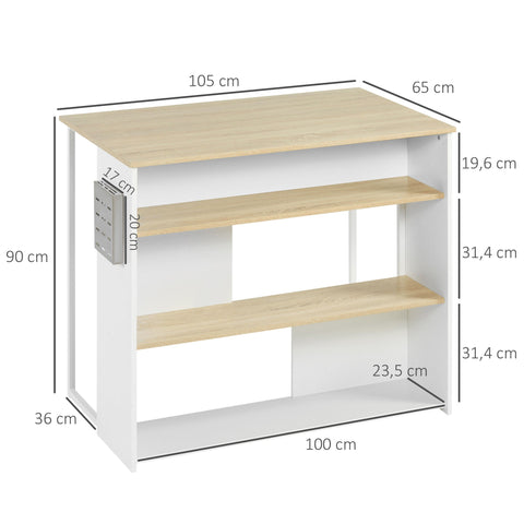 Rootz Kitchen Island - Modern Shelves - Storage Solution - Stainless Steel - 105 x 65 x 90 cm, White & Brown